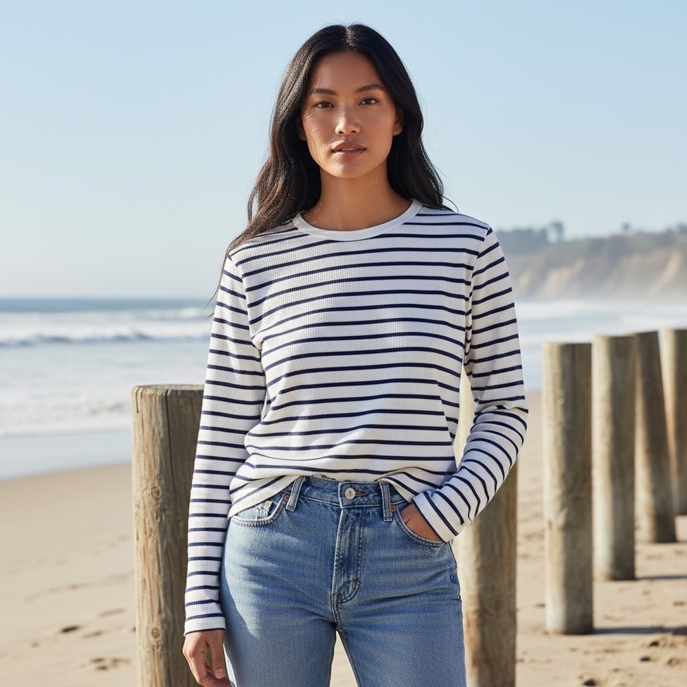 NEW J. Crew Long-Sleeve Striped Everyday Tee Ivory & Antique Navy Size Large